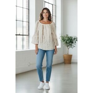 Apt 9 Womens‎ XL Off Shoulder Tunic Top Boho Bell Sleeve Pom Pom Beige Brown